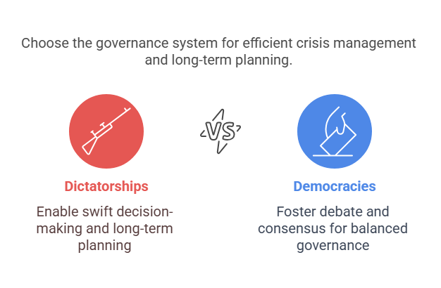 1. Speed of Decision-Making

One significant advantage of dictatorships is the speed at which decisions can be made. Democracies, with their multiple layers of government and the necessity for debate and consensus, can often result in slow and inefficient decision-making. In times of crisis, such as natural disasters or economic downturns, a dictatorship can act immediately to address issues, as there is no need for lengthy discussions or votes.

Take, for instance, the swift response of countries with dictatorships during emergencies. Leaders can issue decrees and implement changes without waiting for lengthy approval processes, ensuring that resources are allocated where they are most needed.

2. Political Stability

Dictatorships can offer greater political stability compared to democracies, especially in nations with a history of political unrest. In a democracy, political parties may clash, leading to gridlock and inefficiency. Dictatorships, on the other hand, have a single, clear decision-maker at the top, which reduces political infighting and provides a more stable government.

For instance, in countries experiencing frequent leadership changes or constant political turmoil, a dictatorship can create a more predictable environment. Leaders in dictatorial systems can maintain control and implement long-term plans without being disrupted by frequent elections or shifting political priorities.

3. Economic Efficiency

In a dictatorship, the government can implement economic policies without the need for extensive negotiation or compromise. This allows for faster economic reforms and a more focused approach to national growth. By avoiding the slow pace of democratic negotiations, dictatorships can direct resources quickly and efficiently, helping to accelerate economic development.

Some argue that dictatorships can also reduce the influence of powerful interest groups. In a democracy, these groups may push for policies that benefit them but do not serve the national interest. In a dictatorship, the central authority can bypass these groups and focus on the long-term good of the nation.

4. Ability to Enforce Laws

Dictatorships have the ability to enforce laws strictly and consistently. A single ruler or ruling party can impose rules and regulations without the need for political compromise. In contrast, democratic systems often face challenges when trying to pass or enforce laws, as they must navigate through a maze of political opposition.

Dictatorships are also more likely to implement strict penalties for lawbreakers, which can deter crime and maintain order. By removing the complexities of democratic procedures, dictatorships can focus on swiftly and effectively maintaining law and order in society.

5. Unified Leadership

In a dictatorship, the leadership is clear and unified. The leader or ruling party holds all the power, and there is no need to balance the interests of different political parties. This clarity in leadership can make it easier to implement policies and respond to national challenges.

In a democracy, on the other hand, leadership can be fragmented, especially if there are multiple competing parties or a divided government. This can lead to policy disagreements, delays, and inefficiencies. Dictatorships eliminate this issue by ensuring that one person or a small group has full control over the decision-making process.

6. Control Over Resources

Dictatorships often have greater control over national resources. With centralized power, a dictator can allocate resources based on national priorities rather than political considerations. This can result in more efficient use of resources, especially in countries with significant economic or infrastructural challenges.

For example, in countries with a growing population or limited resources, a dictatorship can prioritize infrastructure projects or social programs without being delayed by political opposition. By having the authority to control and direct resources, dictatorships can address urgent national needs without delay.

7. Crisis Management

Dictatorships are often better equipped to handle crises, particularly when quick and decisive action is required. In times of war, natural disasters, or economic collapse, a dictatorship can provide strong, centralized leadership that directs the country’s response without delay. The ability to act swiftly and with authority is one of the key advantages that dictatorships have over democracies.

In contrast, democracies can struggle during times of crisis due to political divisions and a slower decision-making process. When urgent action is needed, the bureaucratic nature of democratic systems can be a disadvantage.

8. Ability to Plan Long-Term

One of the most significant advantages of dictatorship is the ability to plan and execute long-term projects. In a democracy, political leadership changes frequently, which can disrupt long-term planning and development. Dictatorships, however, can implement plans that extend beyond electoral cycles, providing a consistent direction for national growth.

For instance, some dictatorships have been able to carry out extensive infrastructure projects or long-term economic reforms without fear of political turnover. This consistency allows for the development of ambitious national programs that can shape the future of the country.

9. Social Cohesion

Dictatorships often work to promote social cohesion and unity within the country. A strong, centralized government can impose policies that unify people under a common national identity or vision. This can foster a sense of national pride and reduce social divisions.

In contrast, democracies may struggle with social cohesion due to political divisions and competing ideologies. While democratic systems promote freedom and pluralism, they can also lead to fragmentation, especially in countries with diverse populations.

10. Potential for Rapid Reform

Finally, dictatorships can facilitate rapid reform. Unlike democracies, where reforms may take years to implement due to political debates and opposition, dictatorships allow for quick implementation of change. Whether it’s economic, social, or political reform, a dictatorship can push forward with the necessary changes without being hindered by political compromise or resistance.

In some cases, dictatorships have enacted reforms that lead to rapid modernization and national progress. The absence of political barriers allows for decisive action, which can be essential in times of national transformation.